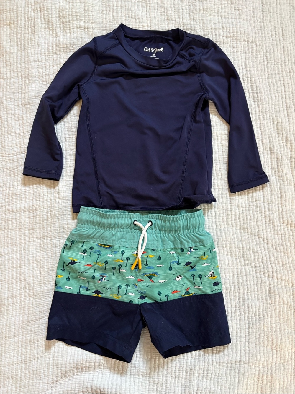Cat & Jack Navy Rashguard with Mint Green Island-Print Swim Shorts